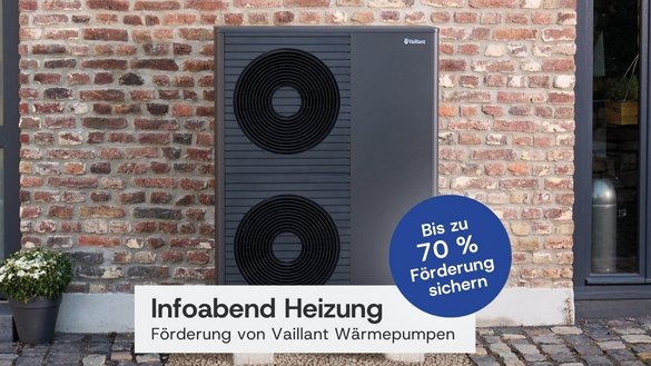 Eine moderne Wärmepumpe von Vaillant steht an einer Backsteinwand, umgeben von einem kleinen Blumentopf.